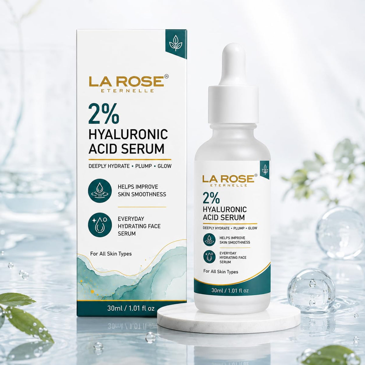 LaRose Eternelle 2% Hyaluronic Acid Face Serum 30ml for Deep Hydration & Plump Looking Skin, Everyday Hydrating Facial Serum, Helps Improve Skin Smoothness, For All Skin Types