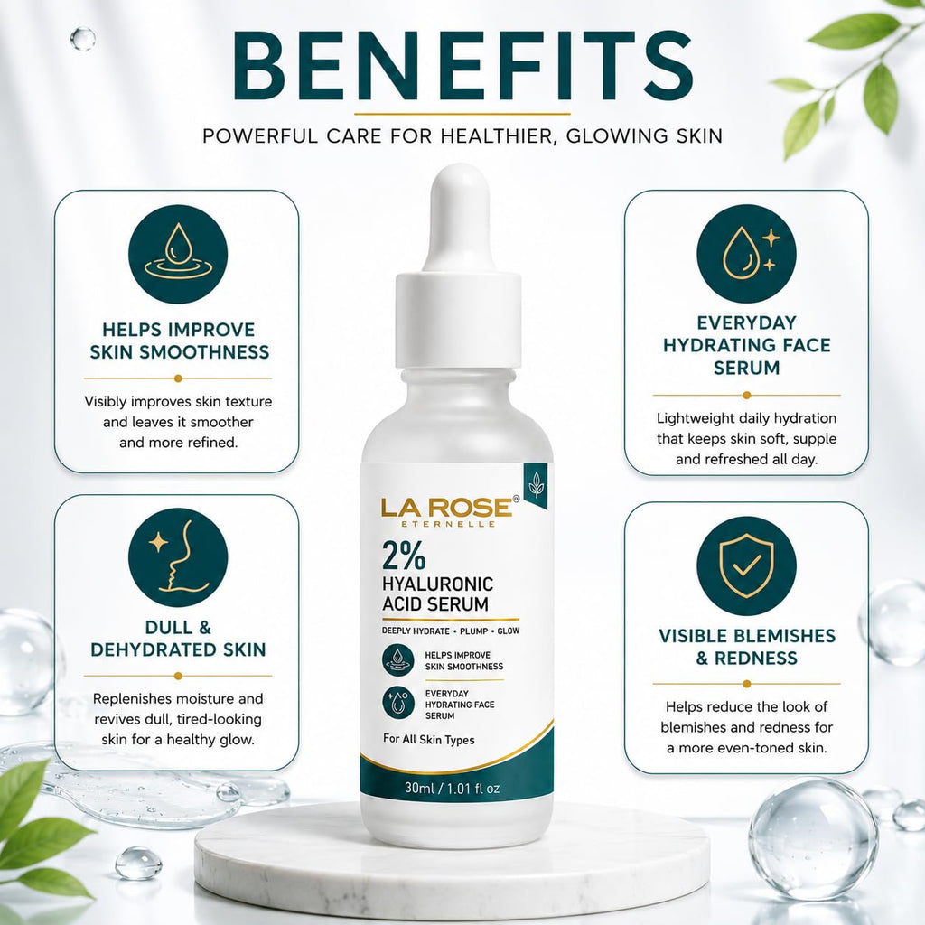 LaRose Eternelle 2% Hyaluronic Acid Face Serum 30ml for Deep Hydration & Plump Looking Skin, Everyday Hydrating Facial Serum, Helps Improve Skin Smoothness, For All Skin Types