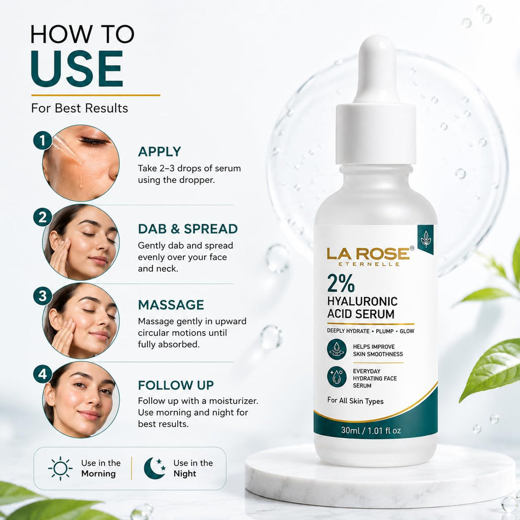 LaRose Eternelle 2% Hyaluronic Acid Face Serum 30ml for Deep Hydration & Plump Looking Skin, Everyday Hydrating Facial Serum, Helps Improve Skin Smoothness, For All Skin Types