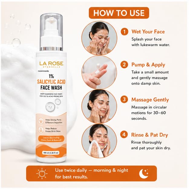 LA ROSE ETERNELLE 1% Salicylic Acid Face Wash with Soft Silicone, Deep Cleansing Face Cleanser for Oily & Acne-Prone Skin, Daily Use Face Wash, 100 ml