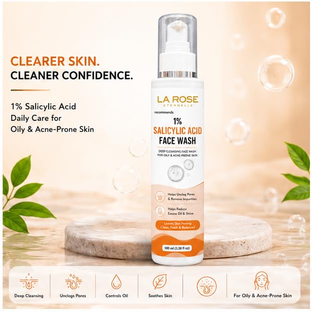 LA ROSE ETERNELLE 1% Salicylic Acid Face Wash with Soft Silicone, Deep Cleansing Face Cleanser for Oily & Acne-Prone Skin, Daily Use Face Wash, 100 ml