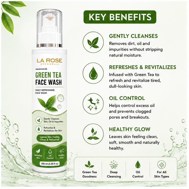 LA ROSE ETERNELLE Green Tea Face Wash with Neem, Tea Tree Oil & Aloe Vera, Daily Facial Cleanser for Oily Skin, Refreshing Face Wash for Men & Women, 100 ml