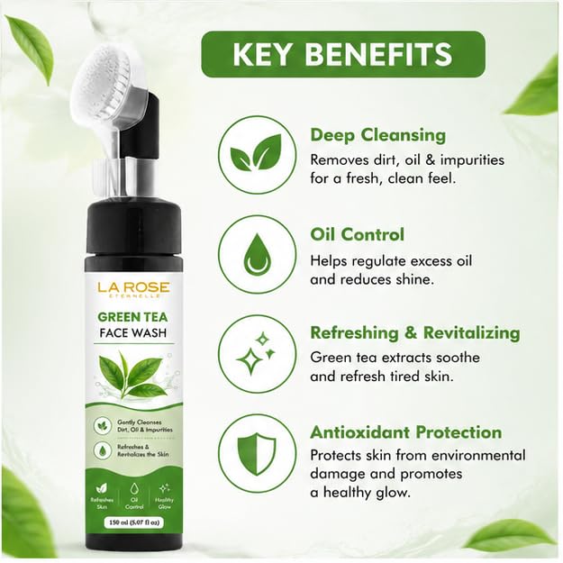 LA ROSE ETERNELLE Green Tea Face Wash with Neem Tea Tree Oil & Aloe Vera | Daily Facial Cleanser for Oily Skin | Refreshing Face Wash for Men & Women | 150 ml