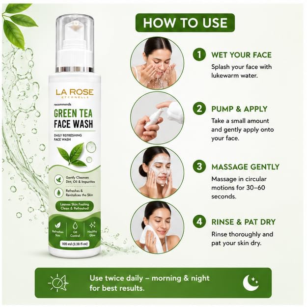 LA ROSE ETERNELLE Green Tea Face Wash with Neem, Tea Tree Oil & Aloe Vera, Daily Facial Cleanser for Oily Skin, Refreshing Face Wash for Men & Women, 100 ml
