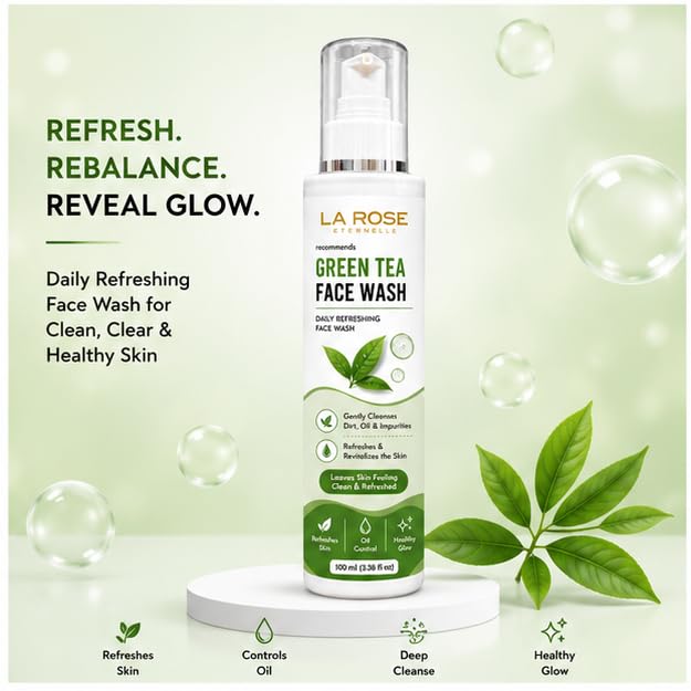 LA ROSE ETERNELLE Green Tea Face Wash with Neem, Tea Tree Oil & Aloe Vera, Daily Facial Cleanser for Oily Skin, Refreshing Face Wash for Men & Women, 100 ml
