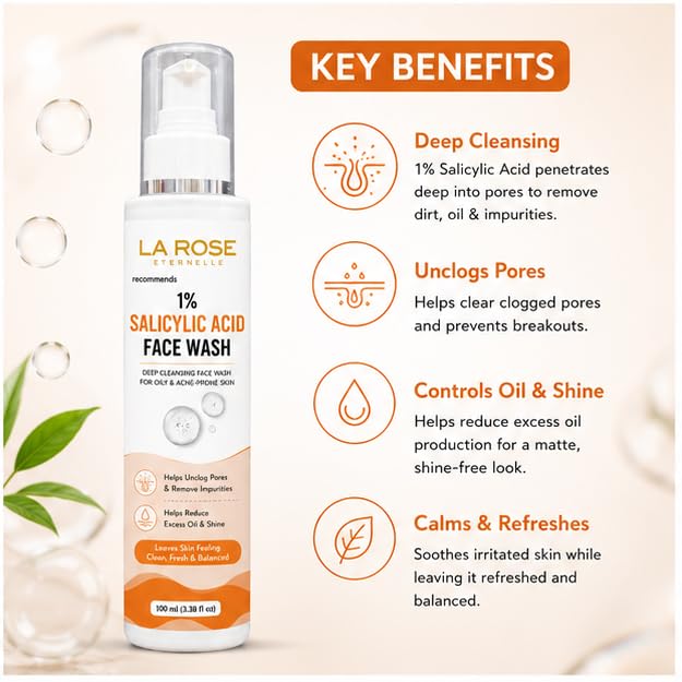 LA ROSE ETERNELLE 1% Salicylic Acid Face Wash with Soft Silicone, Deep Cleansing Face Cleanser for Oily & Acne-Prone Skin, Daily Use Face Wash, 100 ml