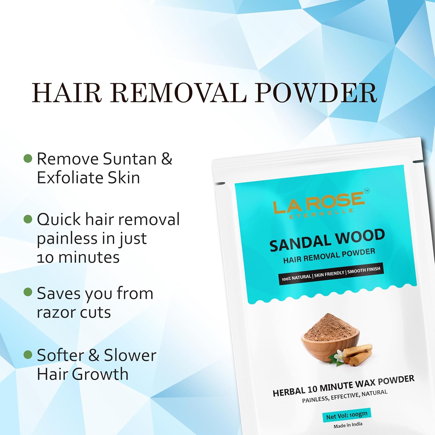 LA ROSE ETERNELLE Sandalwood Hair Removal Powder, Herbal Wax Powder, 10 Minute Painless Hair Removal,100gm (Sandalwood)