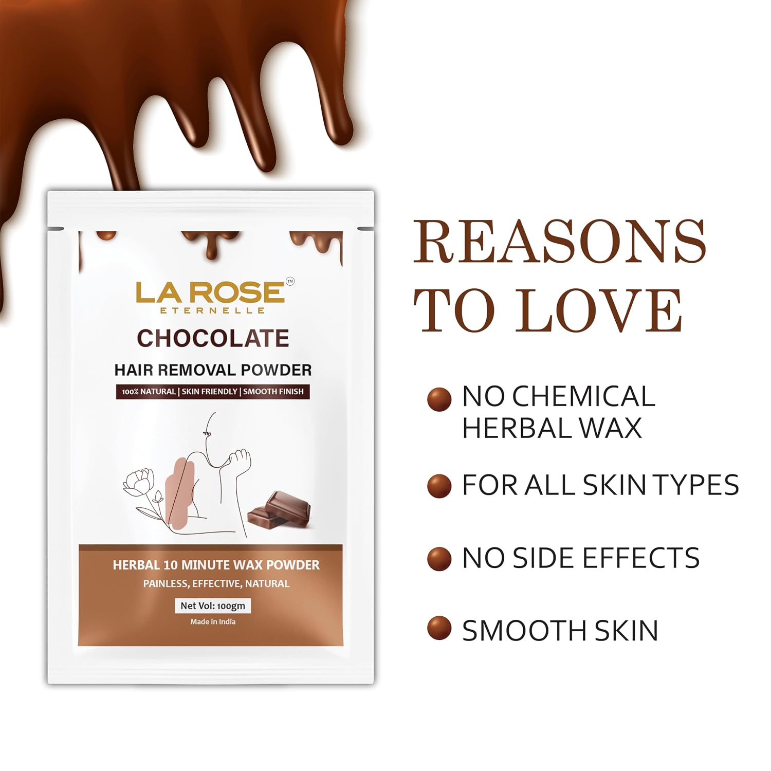 LA ROSE ETERNELLE Chocolate Hair Removal Powder, Herbal Wax Powder, 10 Minute Painless Hair Removal, 100% Natural, 100gm (Chocolate)