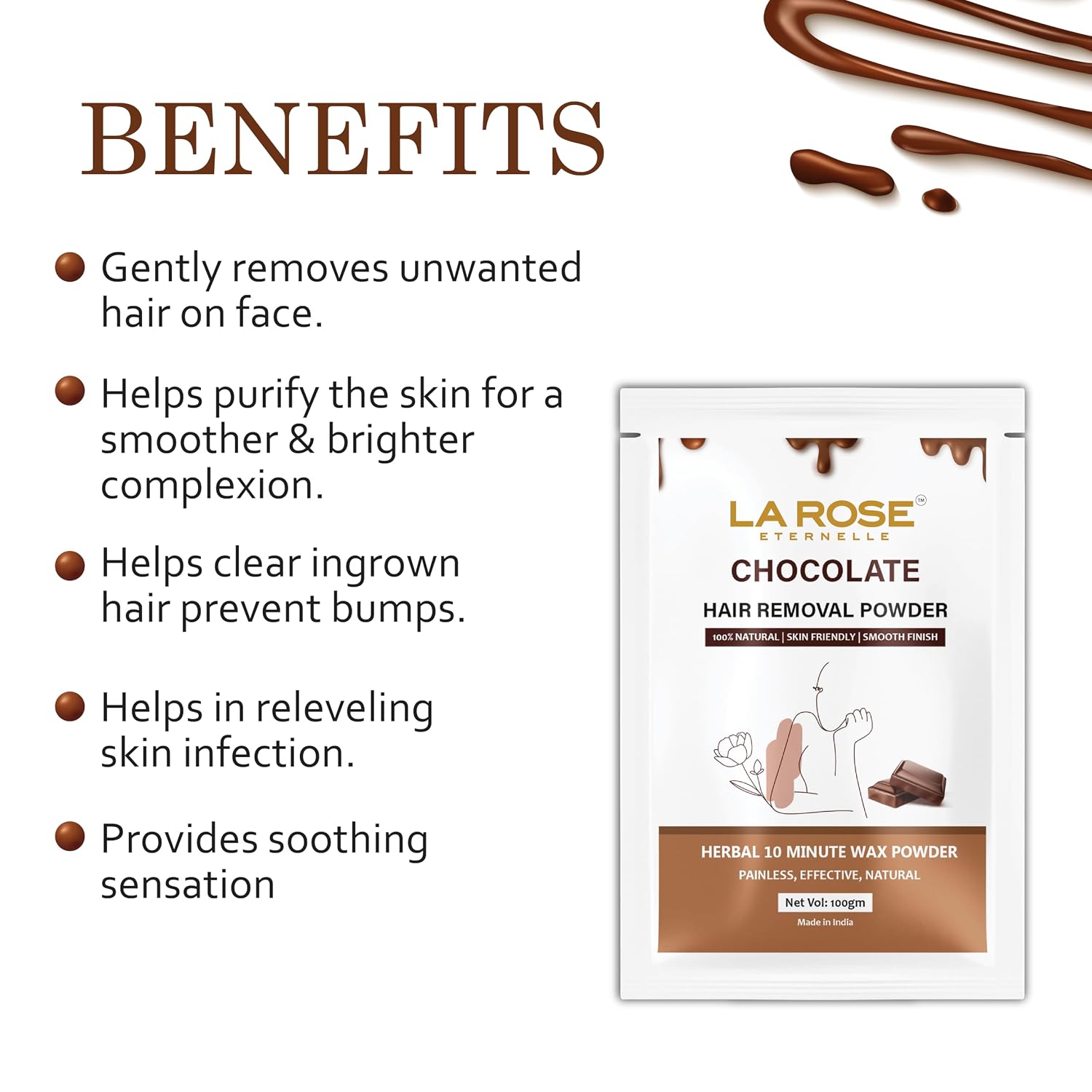 LA ROSE ETERNELLE Chocolate Hair Removal Powder, Herbal Wax Powder, 10 Minute Painless Hair Removal, 100% Natural, 100gm (Chocolate)