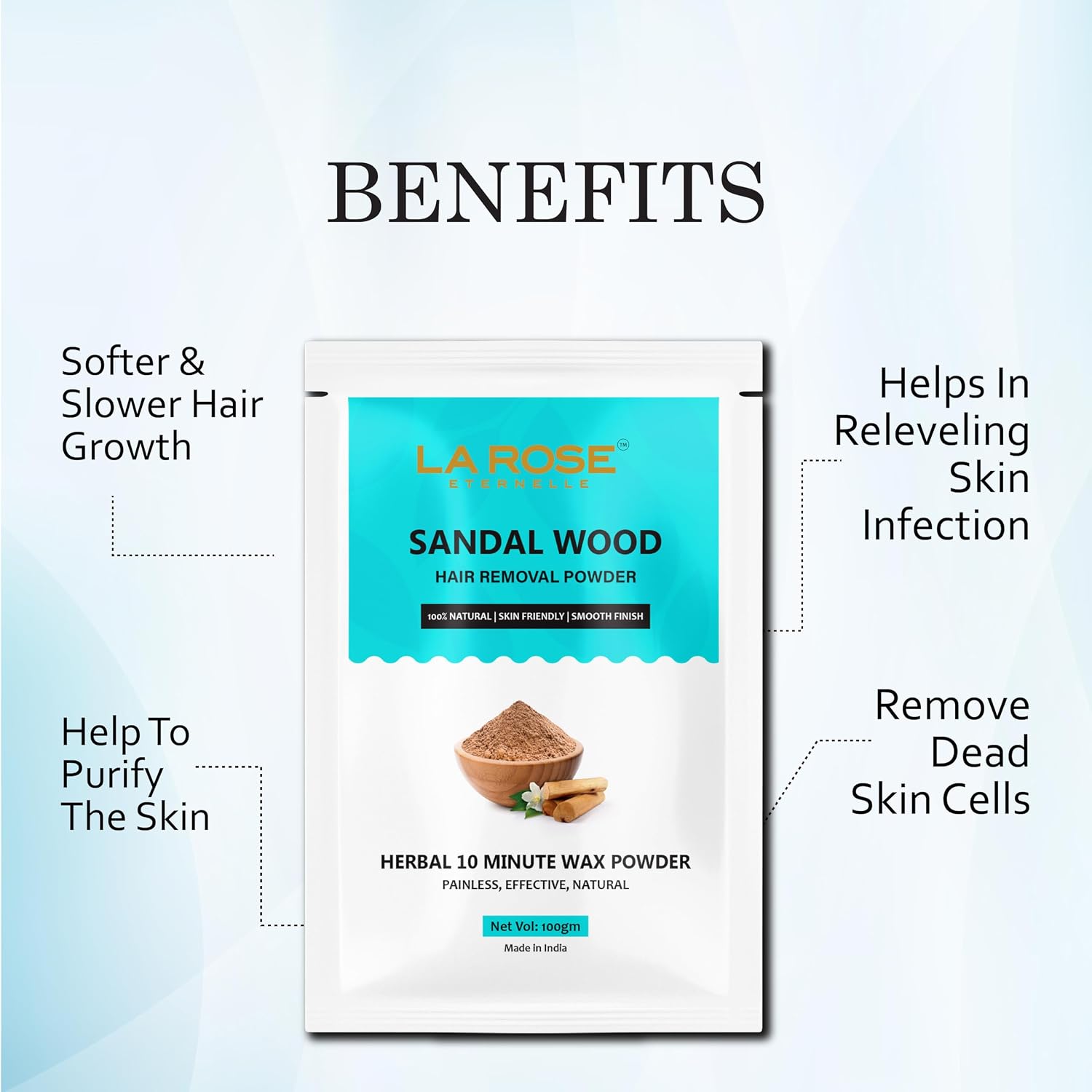 LA ROSE ETERNELLE Sandalwood Hair Removal Powder, Herbal Wax Powder, 10 Minute Painless Hair Removal,100gm (Sandalwood)