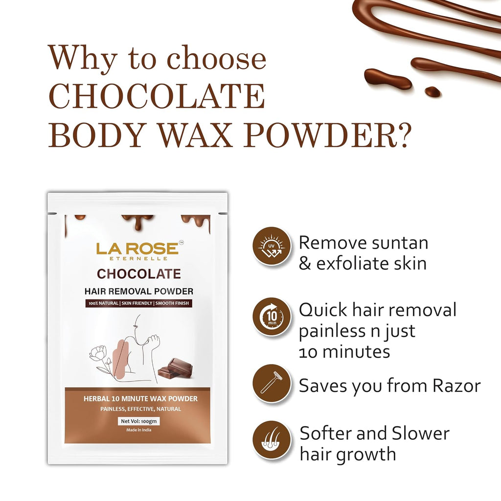 LA ROSE ETERNELLE Chocolate Hair Removal Powder, Herbal Wax Powder, 10 Minute Painless Hair Removal, 100% Natural, 100gm (Chocolate)