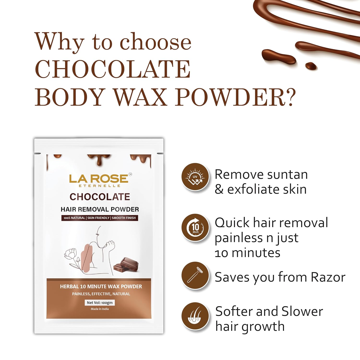 LA ROSE ETERNELLE Chocolate Hair Removal Powder, Herbal Wax Powder, 10 Minute Painless Hair Removal, 100% Natural, 100gm (Chocolate)